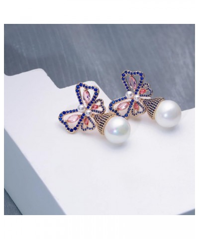 S925 Sterling Silver Butterfly Pearl Bow Earrings for Women Girls Crystal Rhinestone Cubic Zirconia Wedding Drop Dangle Earri...