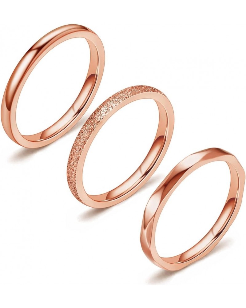 2MM Stainless Steel rings Women's Stackable Eternity Ring Band Engagement Wedding Ring Set Silver/Rose gold Tone 3 PCS Rose G...