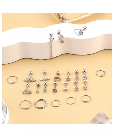 16G Cartilage Earring Stud 20G Cartilage Hoop Earring Set for Women Stainless Steel Butterfly Heart Flower Chain Dangle CZ Cu...