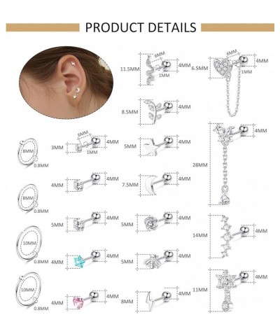 16G Cartilage Earring Stud 20G Cartilage Hoop Earring Set for Women Stainless Steel Butterfly Heart Flower Chain Dangle CZ Cu...