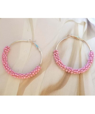 Beaded Hoop Earrings Colorful Beads Geometric Big Circle Earrings Jewelry for Women Girls Pink $7.94 Earrings