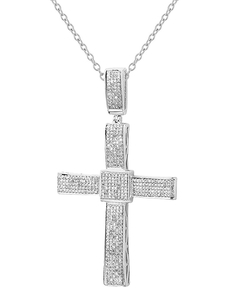 Round White Diamond Dangling Bail Square Centre Cross (Unisex) Pendant with 18 Inch Silver Chain for Men's & Women's (1.00 ct...