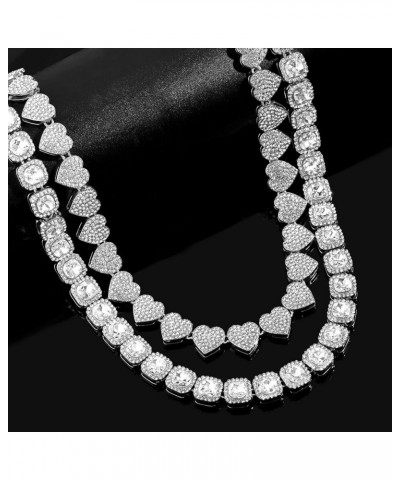 2PCS Clustered Diamond Tennis Chain Miami Cuban Link Chain for Women 15MM Clustered Heart Iced Out Miami Cuban Necklace Hip H...