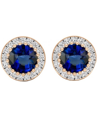 18K 5 MM Each Round Lab Created Gemstone & White Diamond Ladies Halo Stud Earrings, Rose Gold Lab Created Blue Sapphire $175....