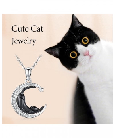 Cat Necklace, S925 Sterling Silver Cat on Moon Pendant with Cubic Zirconia, Cat Jewelry Mothers Day Gifts for Mum with Gift P...