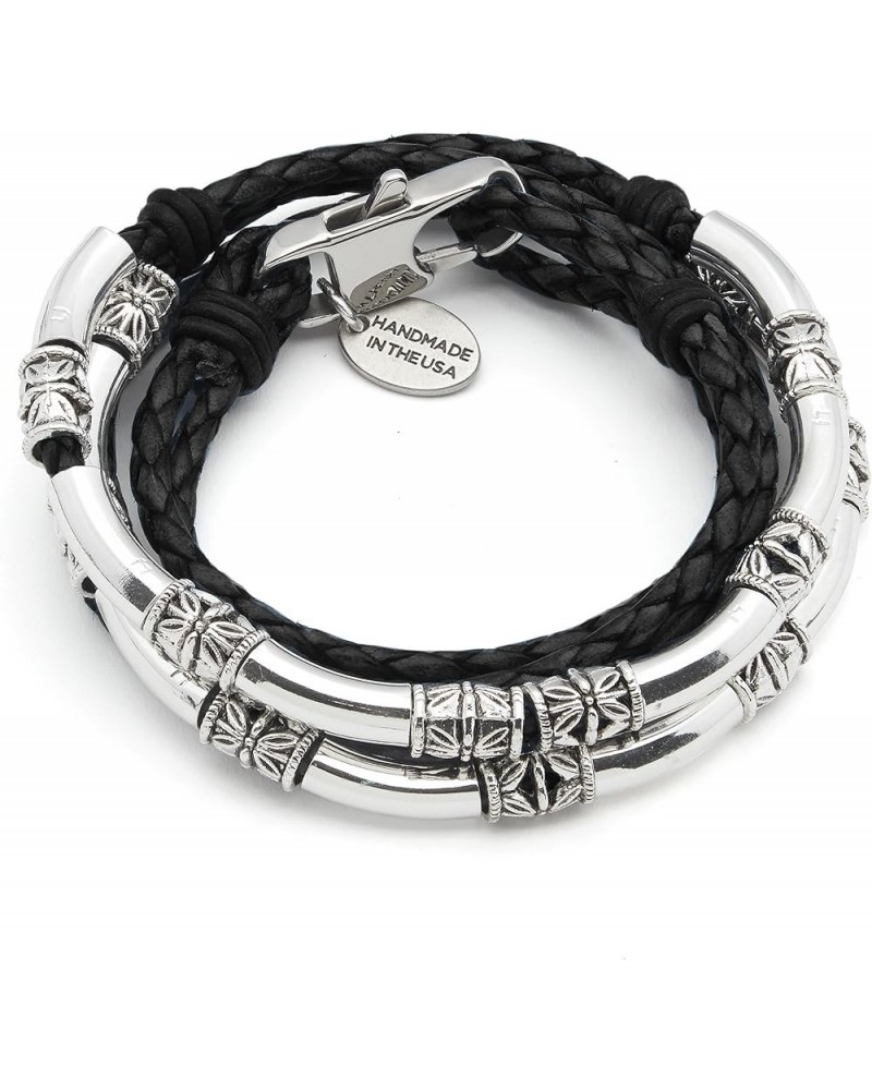 Mini Maxi Silver Plated Braided Leather Women's Wrap Bracelet Gloss Black Small $65.00 Bracelets