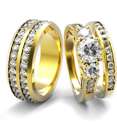 Couple Ring Bridal Set His Hers White Gold Plated CZ Stainless Steel Wedding Ring Band Set Yellow women's size 6 & men's size...