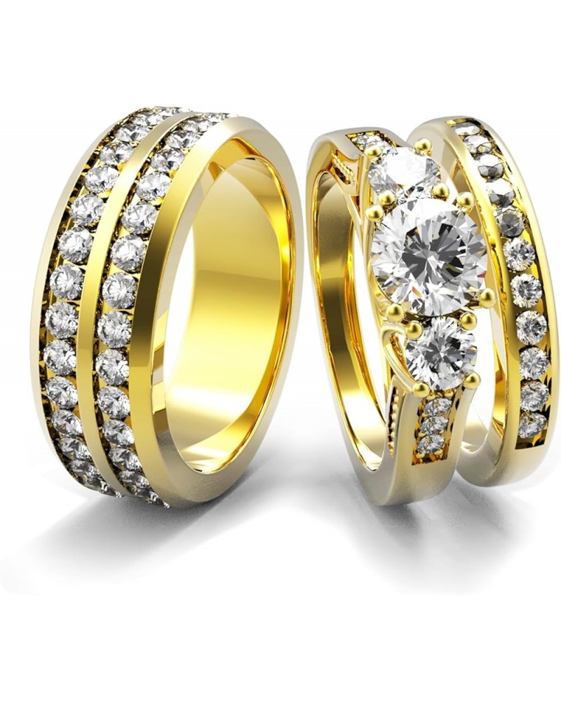 Couple Ring Bridal Set His Hers White Gold Plated CZ Stainless Steel Wedding Ring Band Set Yellow women's size 6 & men's size...