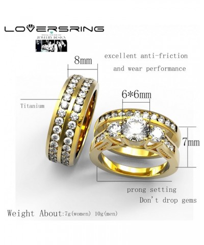 Couple Ring Bridal Set His Hers White Gold Plated CZ Stainless Steel Wedding Ring Band Set Yellow women's size 6 & men's size...