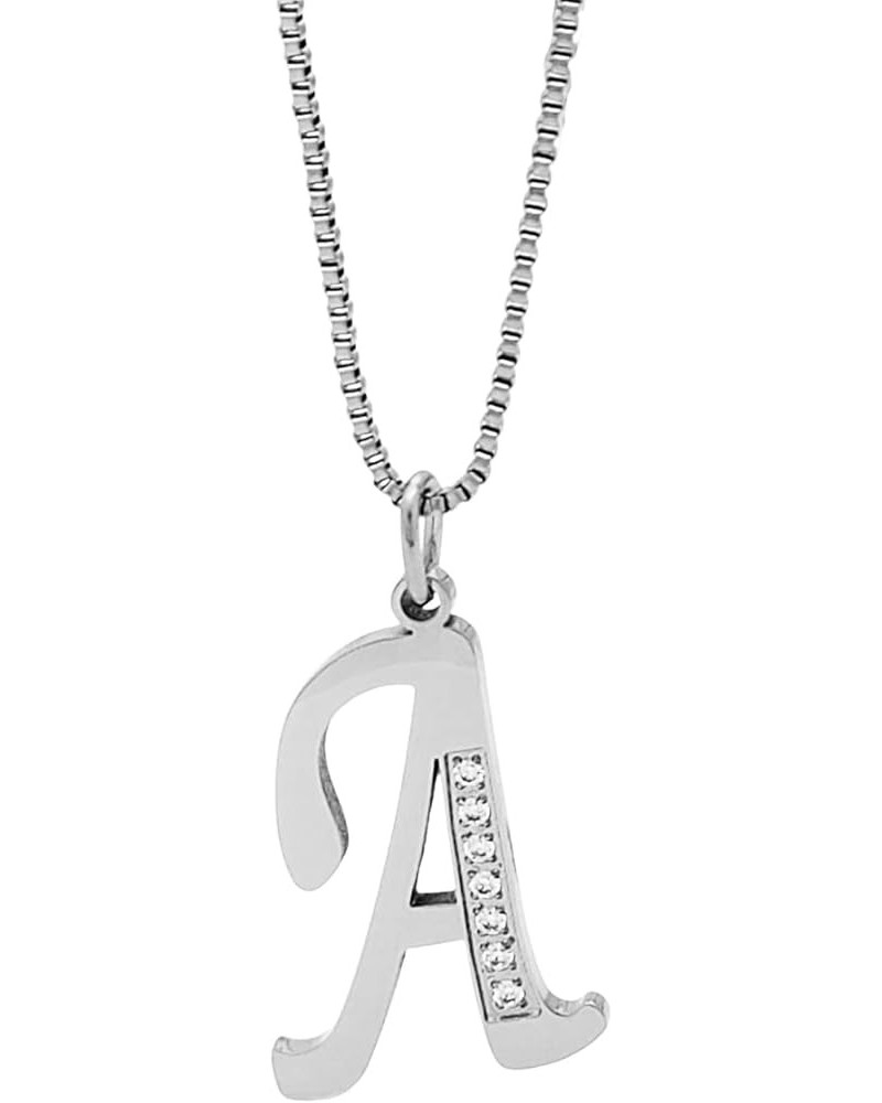 Stainless Steel Waterproof Cubic Zircon Accent Initial A-Z Letter Name Pendant Necklace for Women, Girls A Silver $9.89 Neckl...