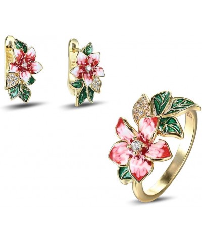 18k Gold Plated Leaf Flower Floral Plant Bridal Jewelry Colorful Enamel Jewelry Set CZ Simulated Diamond Party Jewelry Set fo...