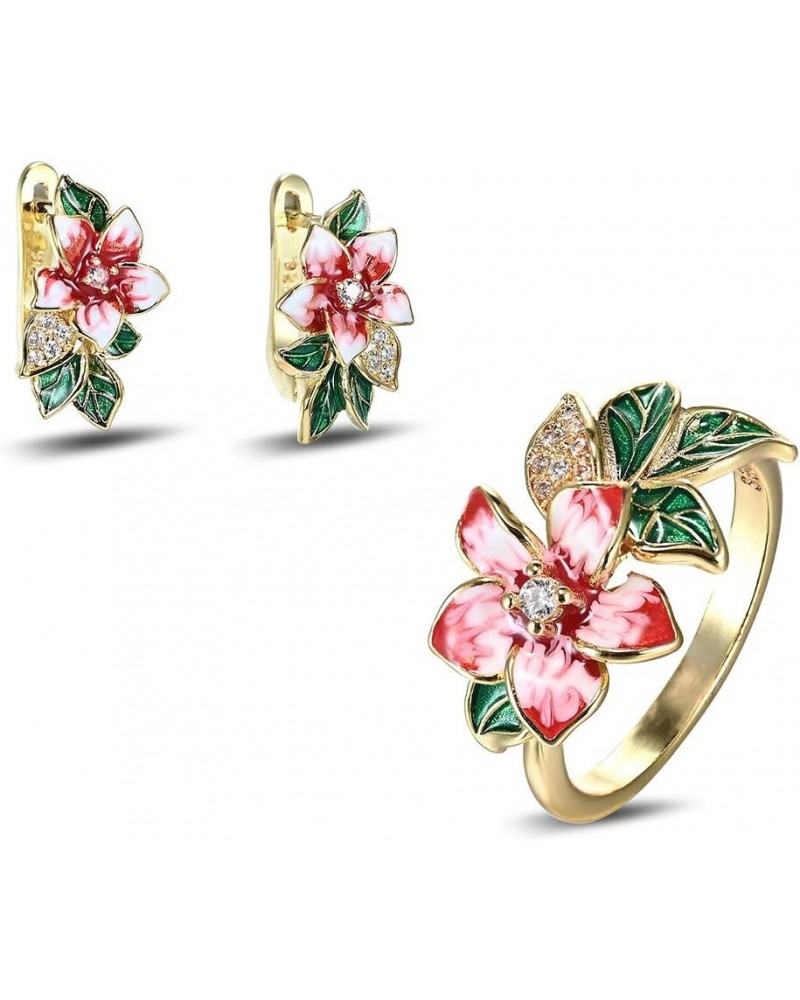 18k Gold Plated Leaf Flower Floral Plant Bridal Jewelry Colorful Enamel Jewelry Set CZ Simulated Diamond Party Jewelry Set fo...