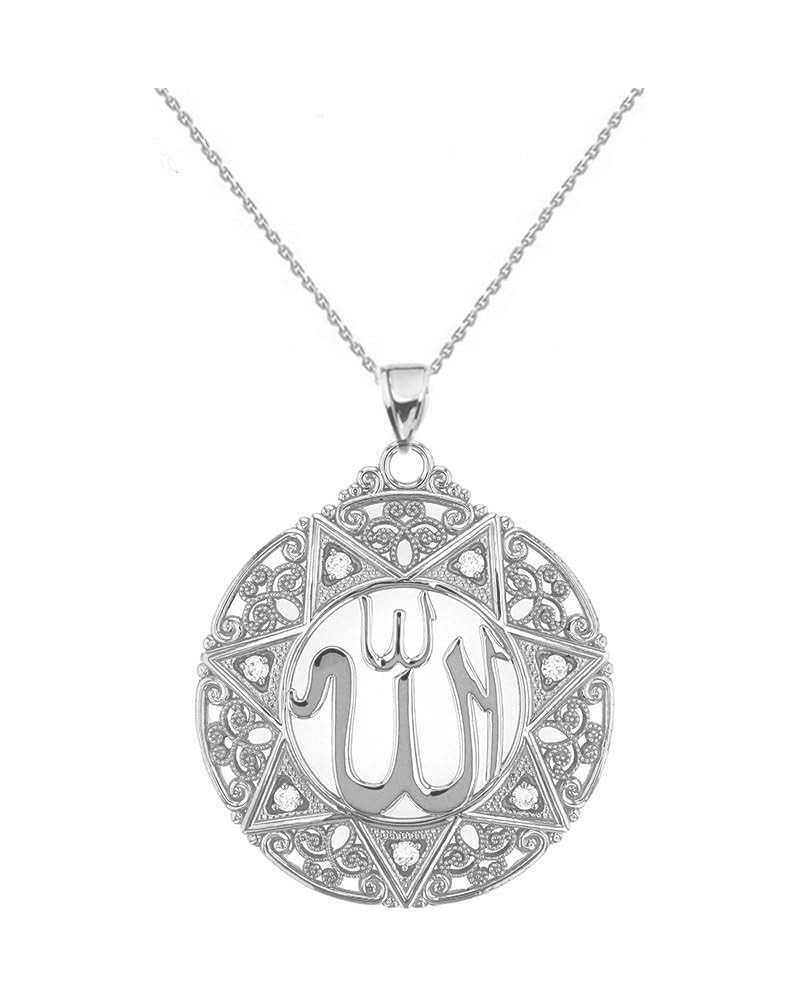 Exquisite 14k White Gold Diamond Round Islamic Allah Filigree Pendant Necklace (Large) 22.0 Inches $216.45 Necklaces