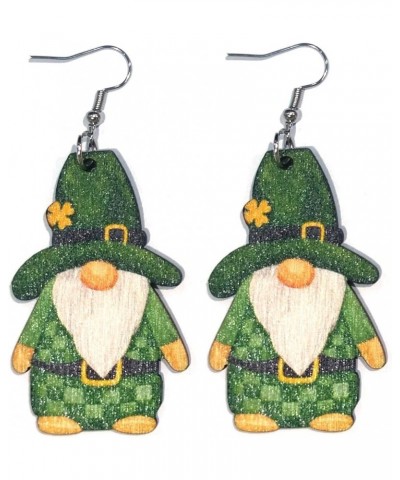 Wooden St. Patrick's Day Gnome Dangle Earrings Irish Shamrock Clover Wooden Cute Dwarf Lucky Holiday Gift Jewelry for Women G...