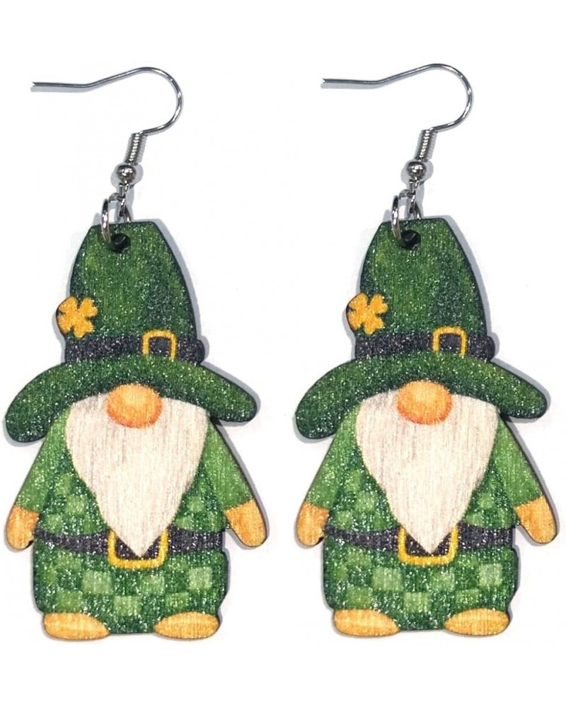 Wooden St. Patrick's Day Gnome Dangle Earrings Irish Shamrock Clover Wooden Cute Dwarf Lucky Holiday Gift Jewelry for Women G...