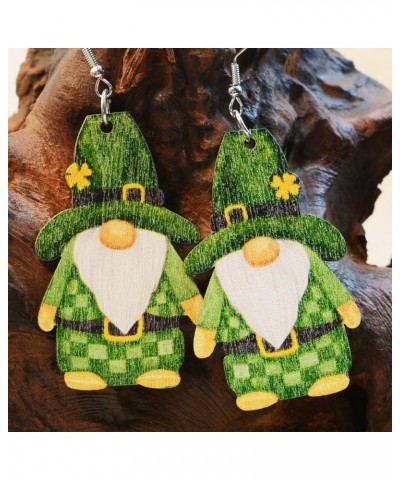 Wooden St. Patrick's Day Gnome Dangle Earrings Irish Shamrock Clover Wooden Cute Dwarf Lucky Holiday Gift Jewelry for Women G...