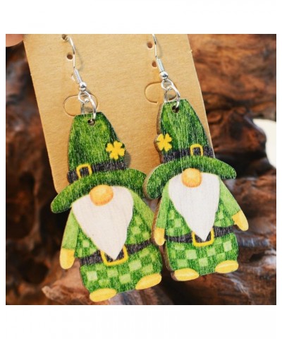 Wooden St. Patrick's Day Gnome Dangle Earrings Irish Shamrock Clover Wooden Cute Dwarf Lucky Holiday Gift Jewelry for Women G...