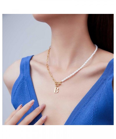 Initial Pearl Pendant Necklace for Women, 14K Gold Plated Paperclip Link Chain Necklace Choker Toggle Clasp Necklace Dainty P...