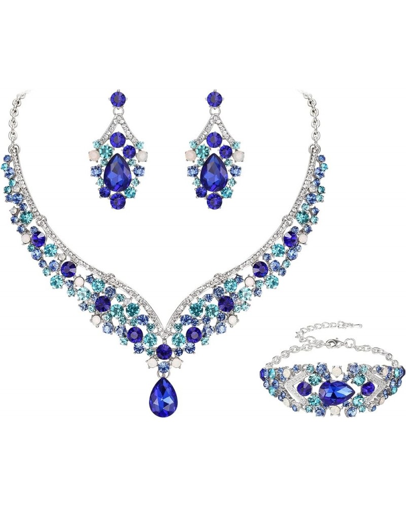 Austrian Crystal Elegant V-Shaped Teardrop Necklace Earrings Set Necklace+Earrings+Bracelet_Blue Silver-Tone $17.04 Jewelry Sets