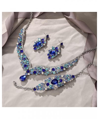 Austrian Crystal Elegant V-Shaped Teardrop Necklace Earrings Set Necklace+Earrings+Bracelet_Blue Silver-Tone $17.04 Jewelry Sets