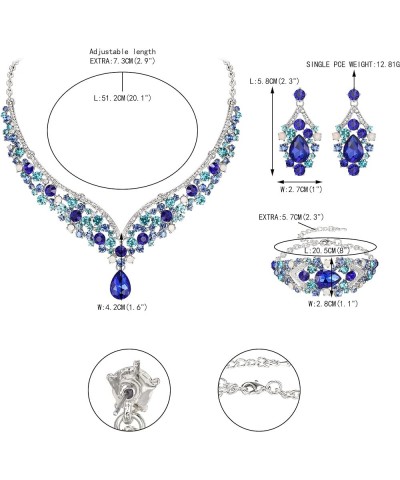 Austrian Crystal Elegant V-Shaped Teardrop Necklace Earrings Set Necklace+Earrings+Bracelet_Blue Silver-Tone $17.04 Jewelry Sets