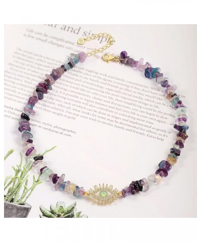 Natural Mix Color Fluorite Choker 18K Gold CZ Pave Evil Eye Pendant Necklace for Women Girls Single Cultured Freshwater Pearl...