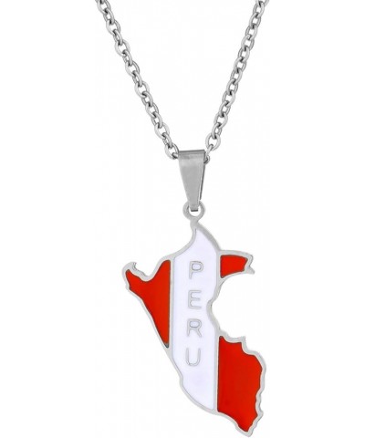 Peru Map with Flag Pendant Necklace - Drop Oil World Ethnic Style Clavicle Chain Unisex Patriotic Charm Jewelry SWE White $8....