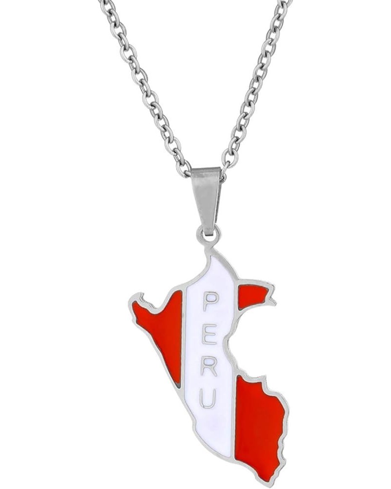 Peru Map with Flag Pendant Necklace - Drop Oil World Ethnic Style Clavicle Chain Unisex Patriotic Charm Jewelry SWE White $8....