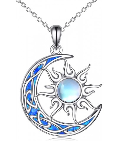 Sun and Moon Necklace for Women 925 Sterling Silver Celtic Crescent Moon Pendant Blue Opal/White Opal/Abelone Shell/Labradori...