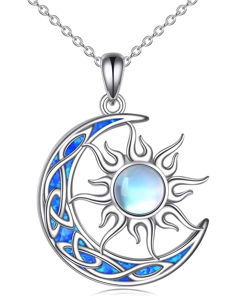 Sun and Moon Necklace for Women 925 Sterling Silver Celtic Crescent Moon Pendant Blue Opal/White Opal/Abelone Shell/Labradori...