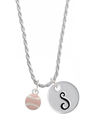 Silvertone Mini Pink Softball or Baseball - Silvertone Script Initial Disc - Charm Necklace, 20"+3 Initial S $15.51 Necklaces