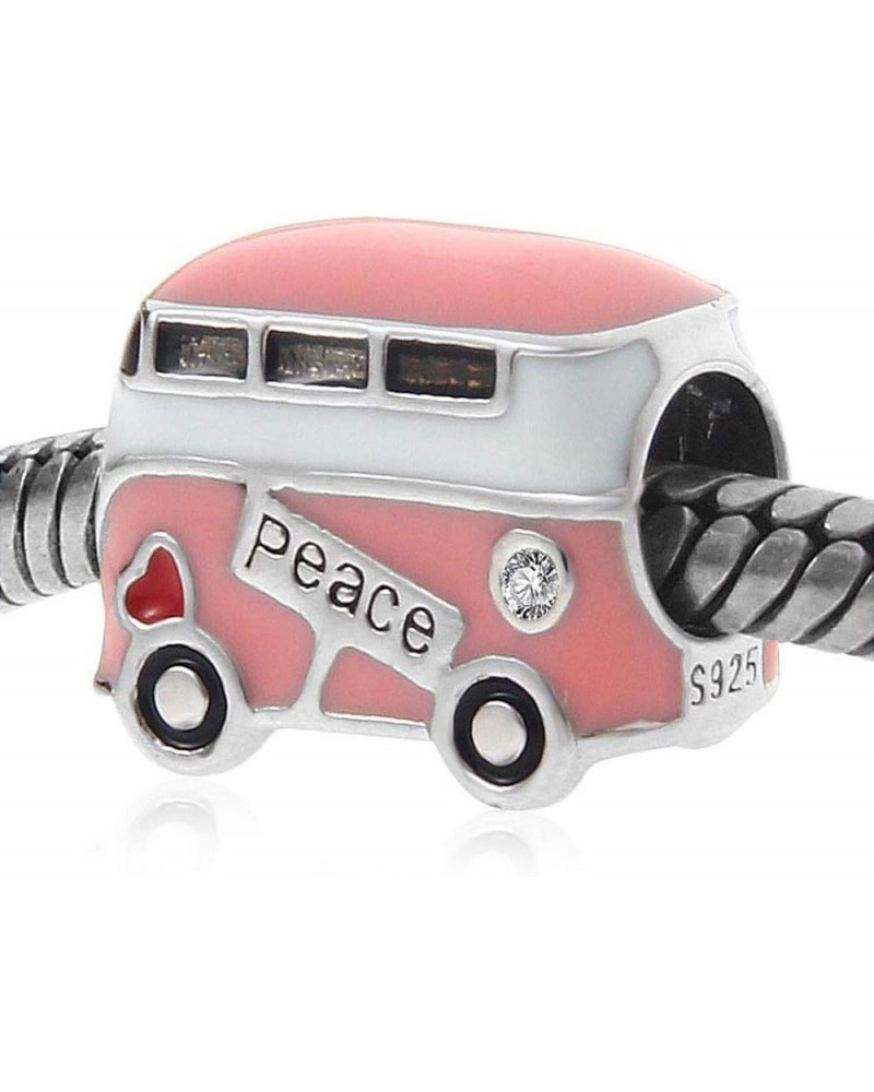 Pink Peace Bus Charms, 925 Sterling Silver with Enamel, Mini Beads fits Pandora Women Bracelets, Gifts for Travel/Mothers Day...