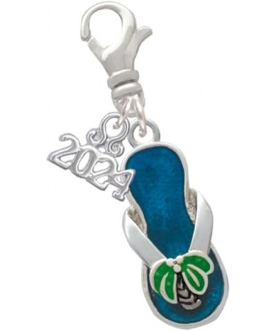 Silvertone Tropical Blue Flip Flop with Palm Tree - Clip on Charm with Year 2024 $13.49 Bracelets