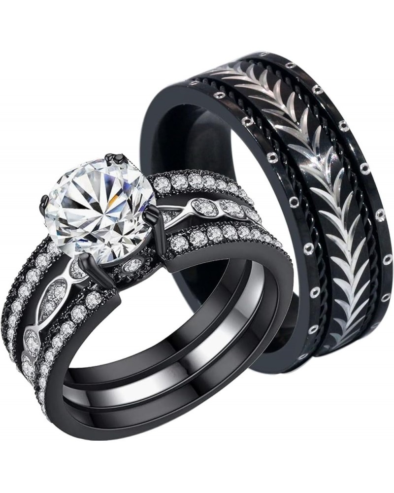 Couple Ring Bridal Set His And Hers Women 10k Black Gold Plated 2CT CZ Men Titanium Band Wedding Ring Band Set Black women's ...