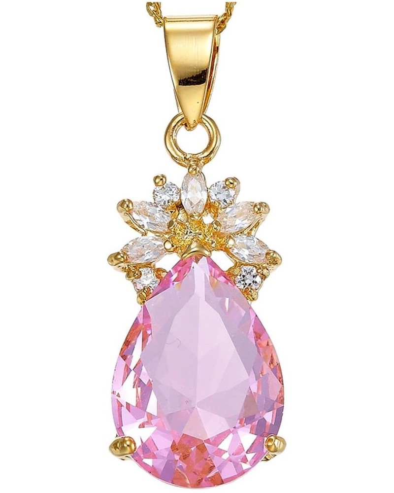 Pendant with 18" Chain & Pear Cut CZ [5 Colors available] in Yellow Gold Plated, Simple Modern Elegant Pink $7.94 Necklaces