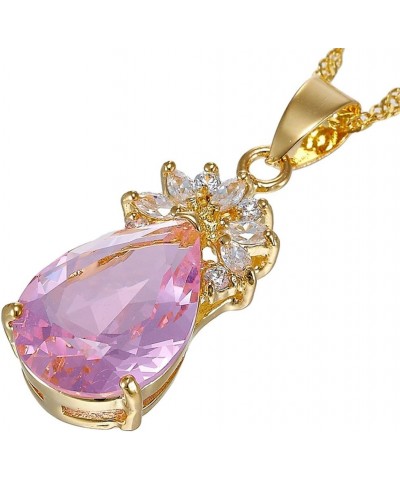 Pendant with 18" Chain & Pear Cut CZ [5 Colors available] in Yellow Gold Plated, Simple Modern Elegant Pink $7.94 Necklaces