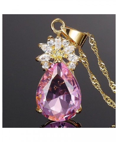 Pendant with 18" Chain & Pear Cut CZ [5 Colors available] in Yellow Gold Plated, Simple Modern Elegant Pink $7.94 Necklaces