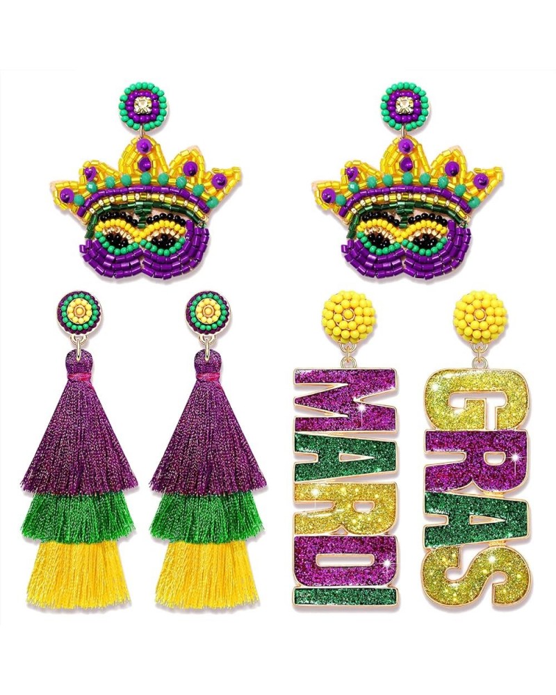 2/3Pairs Mardi Gras Earrings for Women Beaded Crown Dangle Earrings Mardi Gras Accessory, Fleur De Lis Carnival Earrings for ...