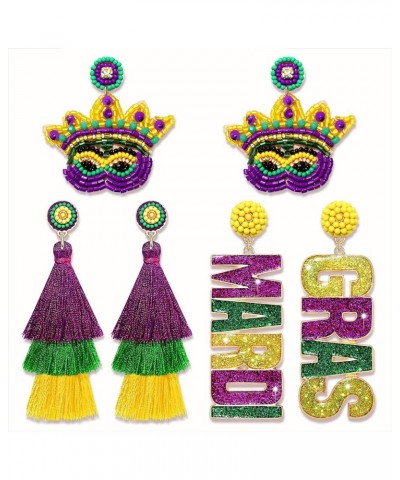 2/3Pairs Mardi Gras Earrings for Women Beaded Crown Dangle Earrings Mardi Gras Accessory, Fleur De Lis Carnival Earrings for ...