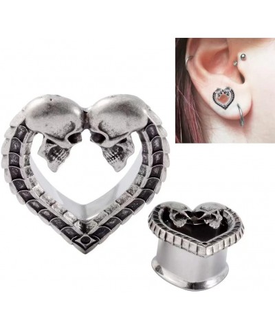 2 PCS 316 Stainless Steel Vintage Heart-Shaped Skull Single Flared Ear Gauges Plugs Ear Tunnels Saddle Plugs Body Piercing Je...