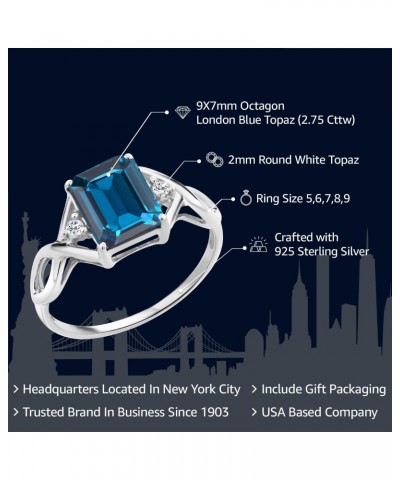 925 Sterling Silver London Blue Topaz and White Topaz Engagement Ring For Women (2.75 Cttw, Emerald Cut 9X7MM, Gemstone Birth...