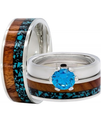 Men`s & Women`s 3 pc Natural Koa Wood Turquoise Blue CZ Stainless Steel Engagement Wedding Rings Set Size Men 10 Women 07 $38...