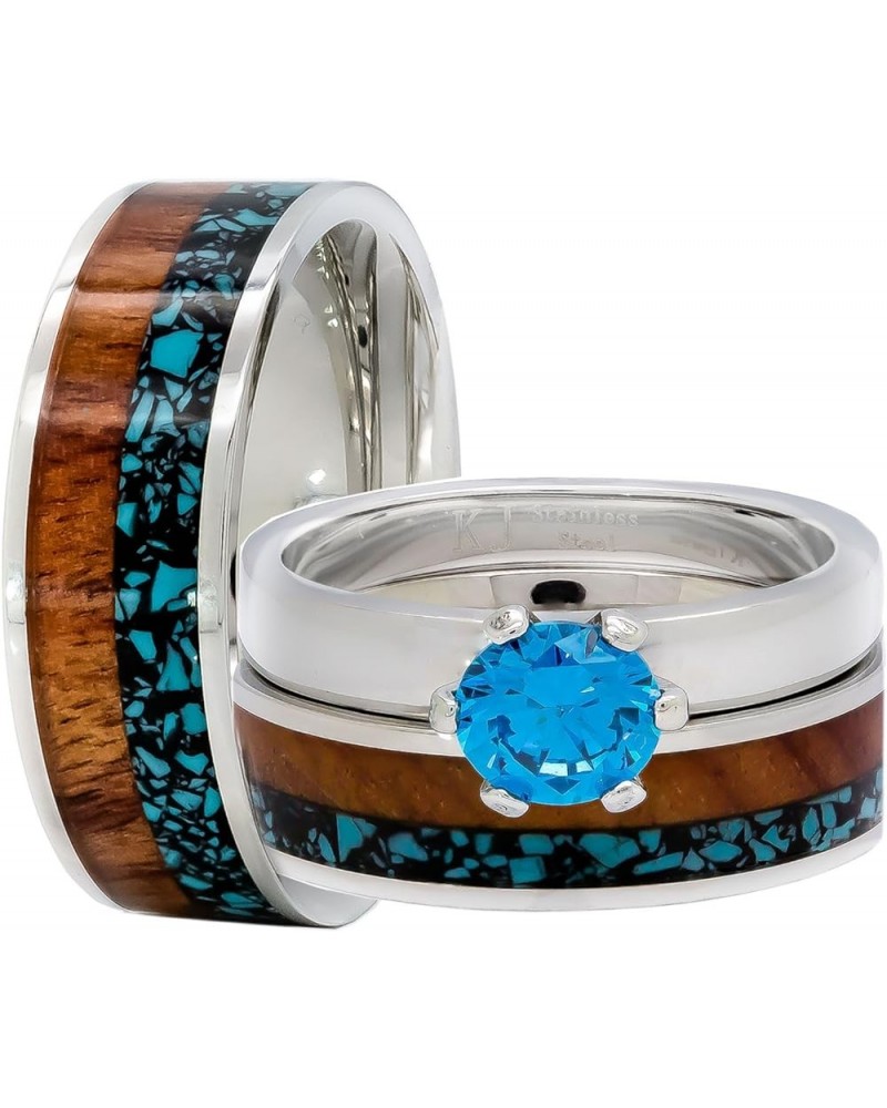 Men`s & Women`s 3 pc Natural Koa Wood Turquoise Blue CZ Stainless Steel Engagement Wedding Rings Set Size Men 10 Women 07 $38...