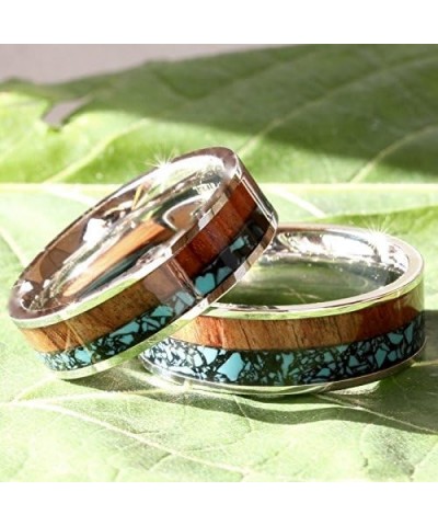 Men`s & Women`s 3 pc Natural Koa Wood Turquoise Blue CZ Stainless Steel Engagement Wedding Rings Set Size Men 10 Women 07 $38...