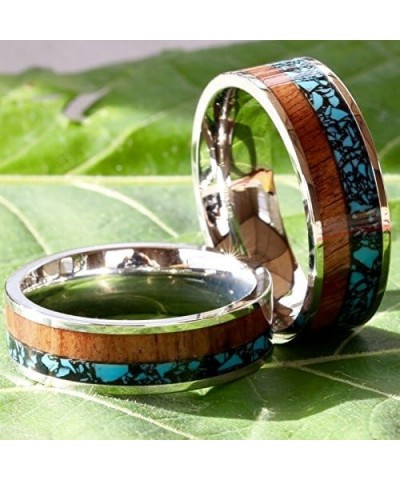 Men`s & Women`s 3 pc Natural Koa Wood Turquoise Blue CZ Stainless Steel Engagement Wedding Rings Set Size Men 10 Women 07 $38...