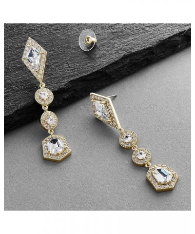 Gold Art Deco Cut Cubic Zirconia Bridal and Wedding Earrings - 1920's Vintage Style Gold Earrings for Brides, Prom, Homecomin...