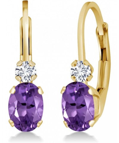 14K Yellow Gold Purple Amethyst and White Diamond Leverback Earrings For Women | 0.77 Cttw | Gemstone February Birthstone | O...