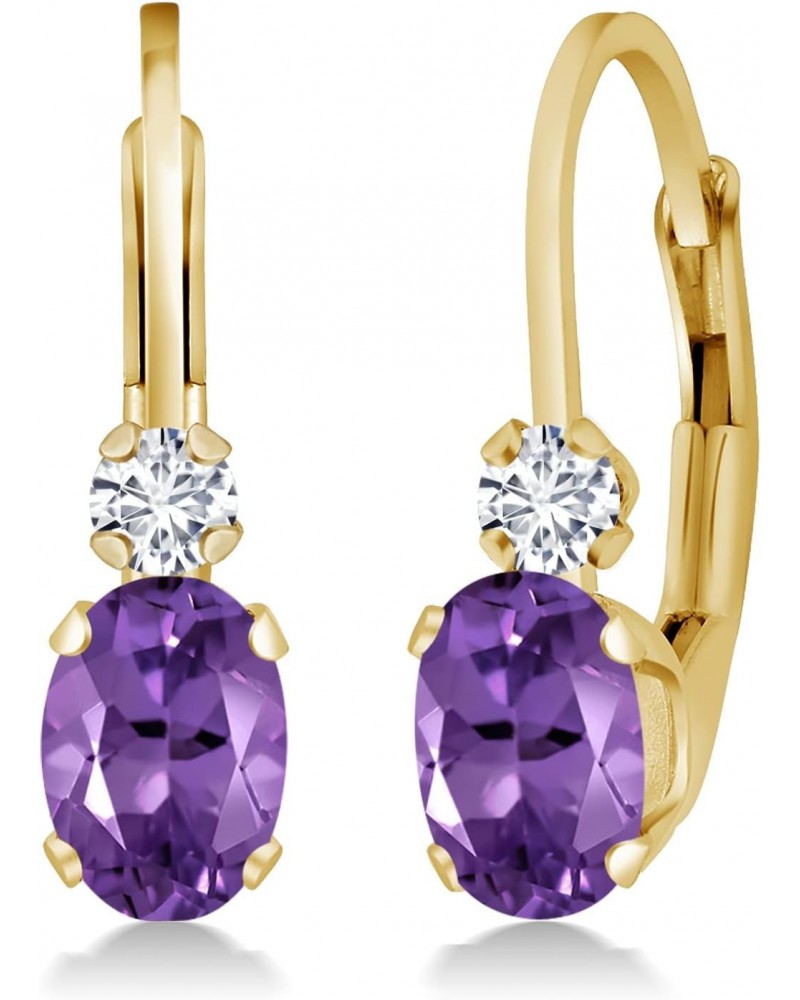 14K Yellow Gold Purple Amethyst and White Diamond Leverback Earrings For Women | 0.77 Cttw | Gemstone February Birthstone | O...