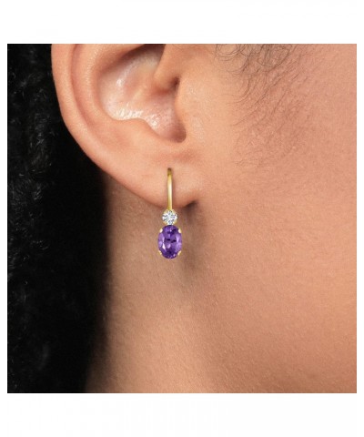 14K Yellow Gold Purple Amethyst and White Diamond Leverback Earrings For Women | 0.77 Cttw | Gemstone February Birthstone | O...