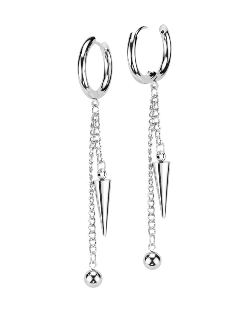 20GA 316L Stainless Steel Dangling Chain with Ball and Cone Spikes Hinged Hoop Earrings, Sold as a Pair Silver Tone $10.14 Bo...